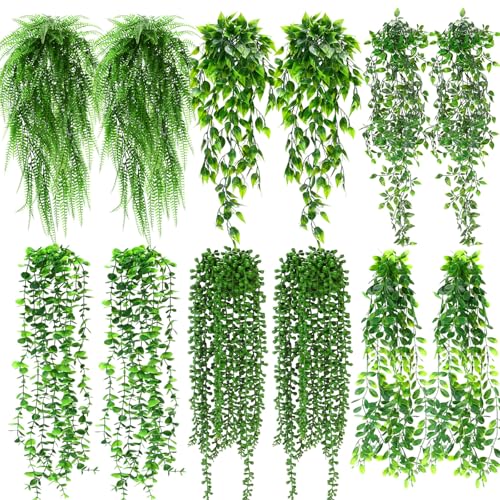 Daifunli 12 Pcs Artificial Hanging Plants Fake Hanging Ferns Plastic Fake Plant for Wall Room Garden Garland Indoor Outdoor Decor No Basket (Eucalyptu,Mandala,Boston,String of Pearl,Podocarpu,Pothos) - style: Eucalyptu,Mandala,Boston, String of Pearl, Pod