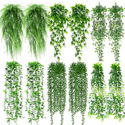 Daifunli 12 Pcs Artificial Hanging Plants Fake Hanging Ferns Plastic Fake Plant for Wall Room Garden Garland Indoor Outdoor Decor No Basket (Eucalyptu,Mandala,Boston,String of Pearl,Podocarpu,Pothos) - style: Eucalyptu,Mandala,Boston, String of Pearl, Pod