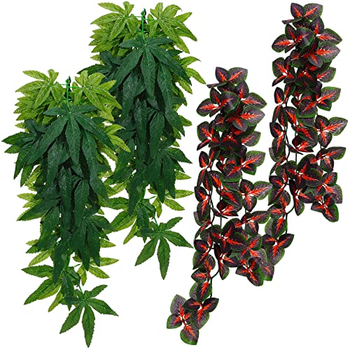 POPETPOP Reptile Plants - 4Pcs Fake Plants for Reptiles Hanging Terrarium Plant with Suction Cup Plastic Terrarium Leaves for Bearded Dragons Lizards Geckos Snake