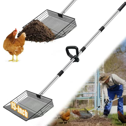 15inch Heavy-Duty Chicken Poop Scooper with Ergonomic Grip, Chicken Coop Scoop with Adjustable Stainless Steel Handle (24-70"), 4-in-1 Litter Sifting Shovel for Chicken Coop Accessories