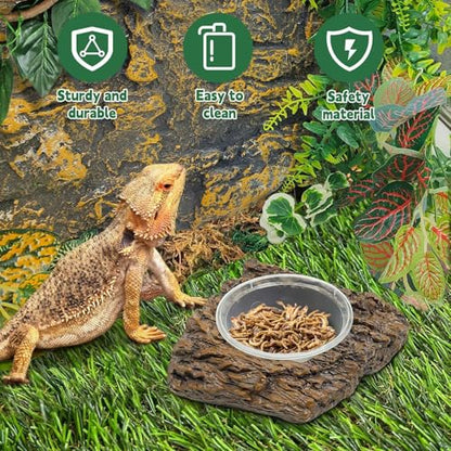 PINVNBY Gecko Feeder Bowl Resin Rock Reptile Water Dish with Feeding Cups Gecko Reptile Terrarium Tank Accessories for Bearded Dragons Leopard Lizard Snake Chameleon