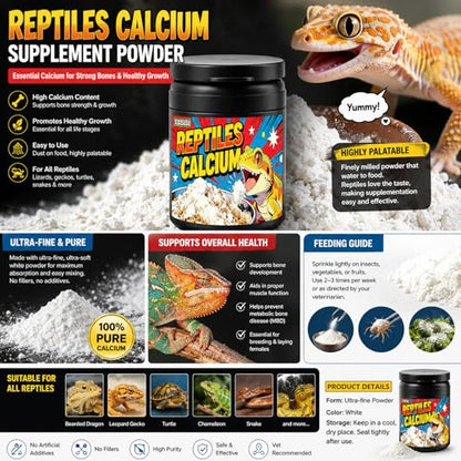 Reptile Calcium Powder with D3-2oz Fine Grind for Bearded Dragons, Leopard Geckos & Tortoises | Essential Vitamin Supplement for Bone Health & Strong Shells