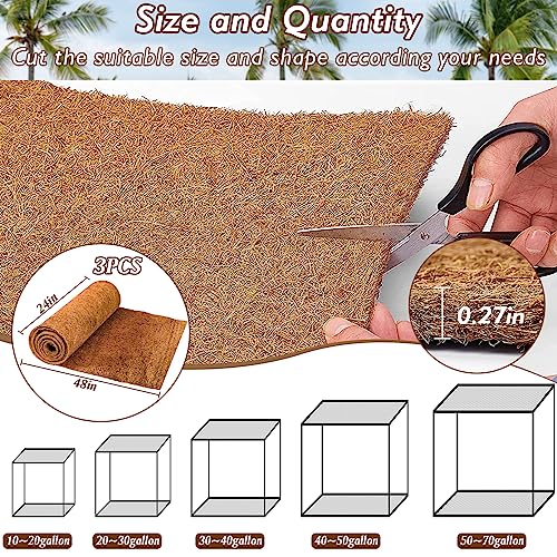 ZeeDix 3 Rolls Reptile Carpet, 24 x 48 inches Natural Coconut Fiber Liner Mat Flooring Accessories for Reptile Tank - Bearded Dragon Tortoise Lizard Turtle Snake Leopard Gecko Substrate Bedding - size: 3 Pcs (24X48in)