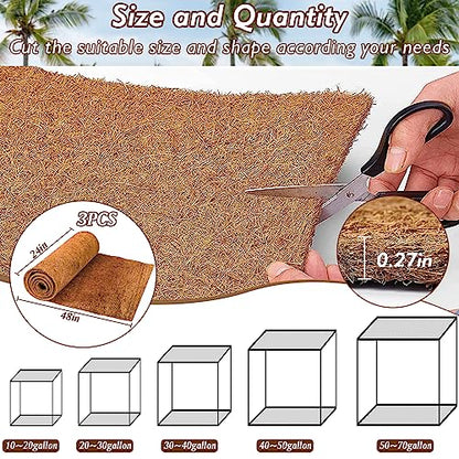 ZeeDix 3 Rolls Reptile Carpet, 24 x 48 inches Natural Coconut Fiber Liner Mat Flooring Accessories for Reptile Tank - Bearded Dragon Tortoise Lizard Turtle Snake Leopard Gecko Substrate Bedding - size: 3 Pcs (24X48in)