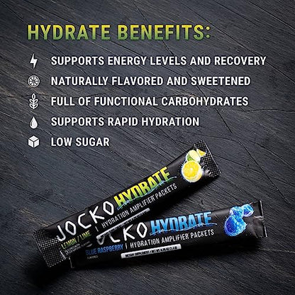 Jocko Fuel Hydrate Electrolytes Powder Packets Bundle Lemon Lime and Blue Raspberry - Hydration Amplifier Packets for Recovery, Dehydration, & Exercise - with Vitamins B6, B12 & C (32 Packets)