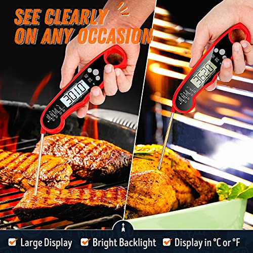 Instant Read Meat Thermometer for Grill and Cooking, Fast & Precise Digital Food Thermometer with Backlight, Magnet, Calibration, and Foldable Probe for Kitchen, Outdoor Grilling and BBQ!… - color: Red - Black