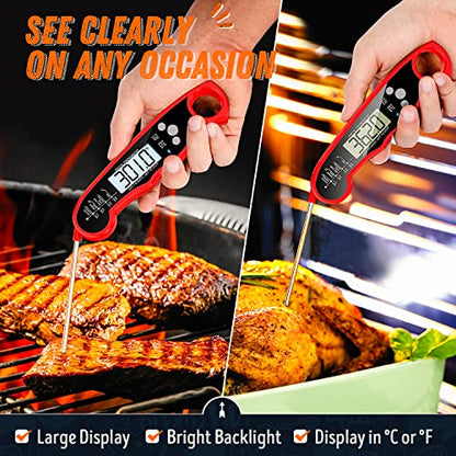 Instant Read Meat Thermometer for Grill and Cooking, Fast & Precise Digital Food Thermometer with Backlight, Magnet, Calibration, and Foldable Probe for Kitchen, Outdoor Grilling and BBQ!… - color: Red - Black
