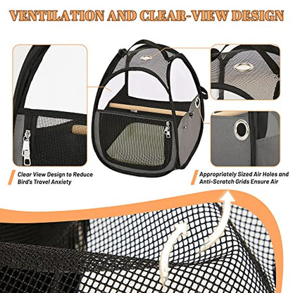 Bird Carrier for Travel with Clear Windows, Breathable Safe Fabric, Lightweight Small Bird Cage with Tray, Stand and Feeder, Portable Pet Bag for Parrot, Vet Visit, Outdoor, Small Animals