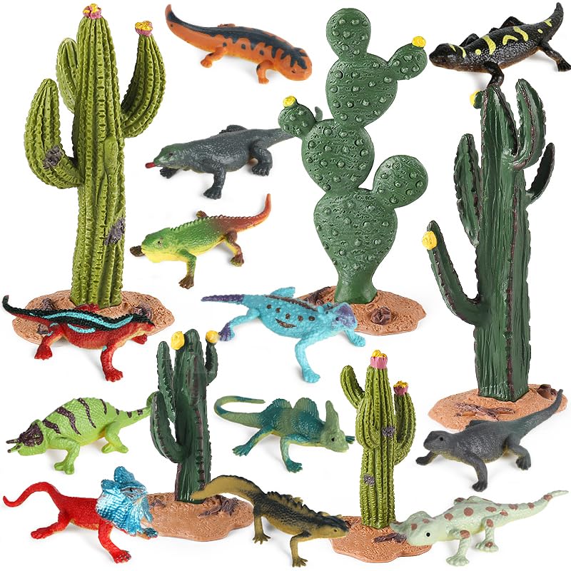 EOIVSH Desert Animal Figurines, 17pcs Model Trees Cactus Kit with Lizard Figures for Kids Toddlers, Reptile Toy Playset for Diorama Project Cake Topper Decorations