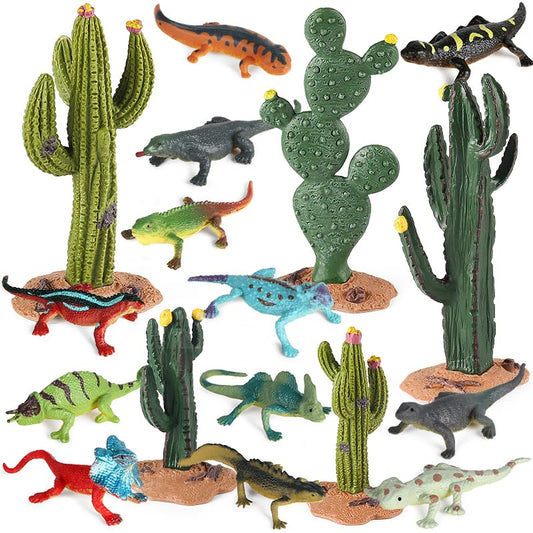EOIVSH Desert Animal Figurines, 17pcs Model Trees Cactus Kit with Lizard Figures for Kids Toddlers, Reptile Toy Playset for Diorama Project Cake Topper Decorations