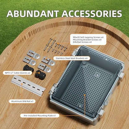 Joinfworld Outdoor Waterproof WiFi Enclosure 8.7x6.7x4.3 | Weatherproof Outdoor Electrical Junction Box, IP67 Rated, DIN Rail & Stainless Latch for Solar, Irrigation, Network & DIY - size: 8.7"x6.7"x4.3" Clear