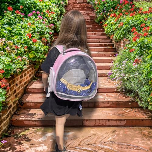 Leopard Gecko Backpack Carrier,Reptile Portable Backpack Carrier with Small Backpack Harness Leash Set,Space Capsule Clear Bubble Window Travel Backpack for Lizard Travel,Guinea Pig,Rabbit - color: Pink