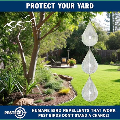 PESTEZE USA Premium Bird Deterrent Wind Spinner Set – 3-Piece Stainless Steel Reflective Water Droplet Design to Deter Birds & Prevent Nesting Around Porch, Garden & Outdoor Areas [2.6 × 15.5 in]