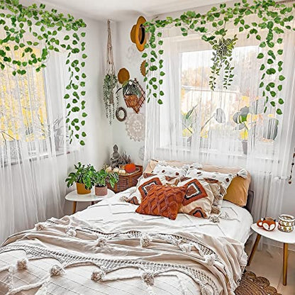 CQURE 16 Pack 105Ft Artificial Ivy Fake Vines,Ivy Garland Greenery Garland Fake Hanging Plants Vines Green Leaves for Bedroom Wedding Garden Wall Room Decor - size: 112 Ft