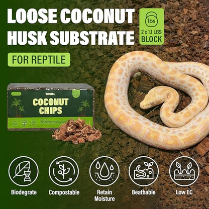 Coconut Chips Substrate 2 Bricks | 1.1 Lbs Each | Reptile Bedding for Ball Python, Bearded Dragon, Tortoise, Gecko, Lizard, Frog | Odor Absorbing | Coconut Chips for Plants, Orchid Bark Mulch - size: 2.2 Lbs (Pack of 2 - 1.1 Lbs Each)
