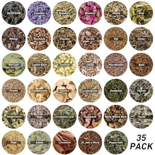 35Pcs Dried Herbs for Witchcraft Supplies, Dried Herb Kit for Witch Beginner, Wiccan, Wicca Altar Supplies, Magic Ritual and Spell, Candle and Soap Making, with Witchy Bell and More - style: 35 Herbal Bags