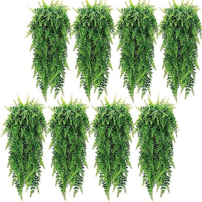 Lyrow 8 Pcs Artificial Hanging Plants 32 in Fake Plant Fake Boston Ferns Plastic Faux for Wall House Room Garden Wedding Garland Indoor Outdoor Decoration, No Basket