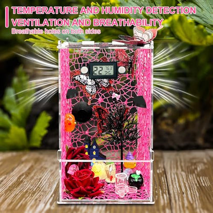 Jumping Spider Enclosure,DIY Insects Habitat,Small Reptile Terrarium Glass House Accessories Set,with Temperature and Humidity Detector Water Feeder Platform Hide,5.5“x5.5”x9.5“ (Pink) - color: Pink