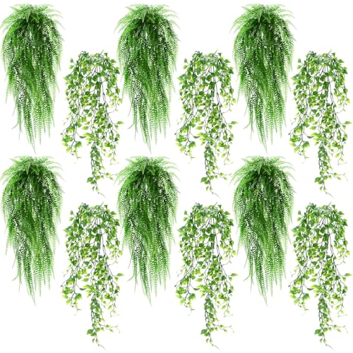 Daifunli 12 Pcs Artificial Hanging Plants Fake Hanging Ferns Plastic Fake Plant for Wall Room Garden Garland Indoor Outdoor Decor No Basket (Ivy,Boston Ferns) - style: Ivy, Boston Ferns