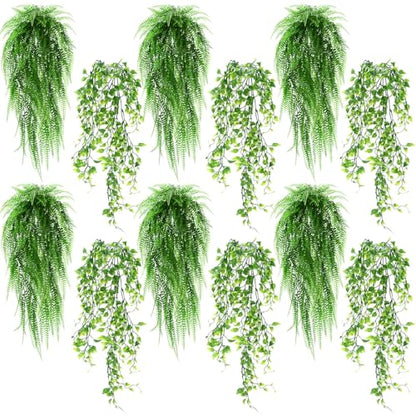 Daifunli 12 Pcs Artificial Hanging Plants Fake Hanging Ferns Plastic Fake Plant for Wall Room Garden Garland Indoor Outdoor Decor No Basket (Ivy,Boston Ferns) - style: Ivy, Boston Ferns