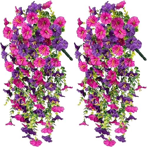 AirSun Artificial Morning Glory Flower Vines, 2pcs 60inch Hanging Plants Silk Garland Fake Green Plant Home Garden Wall Fence Indoor Outdoor Wedding Birthday Decor - color: Purplered