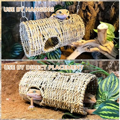 Reptile Hide Cave,Hanging Seagrass Fiber Bearded Dragon Hammock Swing Climbing Toys with Plants Decor,Gecko Hideout Hollow Cave Tank Accessories for Lizard Snake-Round - size: Round:7.87*3.94*3.94"