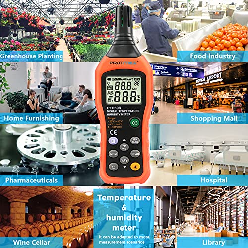 Protmex PT6508 Temperature Humidity Meter, Digital Thermometer Hygrometer Monitor with Ambient, Dew Point, Wet Bulb for Indoor/Outdoor MIN, MAX, Data Hold, LCD Backlight - size: PT6508