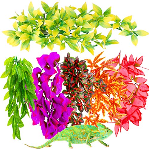 Reptile Plants, Terrarium Hanging Fake Plant Leaves, Plastic Terrarium Habitats Plant Decorations for Snake Hermit Crab Lizards Leopard Gecko Lizard Chameleon Spider Turtle(Classic Color,6 Pcs) - color: Classic Color