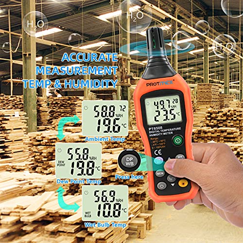 Protmex PT6508 Temperature Humidity Meter, Digital Thermometer Hygrometer Monitor with Ambient, Dew Point, Wet Bulb for Indoor/Outdoor MIN, MAX, Data Hold, LCD Backlight - size: PT6508
