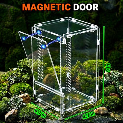 Jumping Spider Enclosure, Acrylic Terrarium with with Magnetic Doors, 0.8mm Micro-Ventilation, Stackable Escape-Proof Habitat for Jumping Spiders, Tarantulas & Small Reptiles, 4.7"x4.7"x9" - size: 1Pack, 4.7"x4.7"x9"