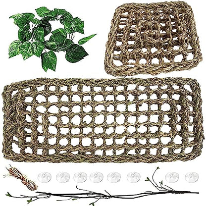 4 PCS Bearded Dragon Hammock,Lizard Lounger Reptile Natural Seagrass Hammocks Climb Vines Plant Decoration Terrarium Accessories for Lizards Chameleon Gecko Snakes Crown Geckos