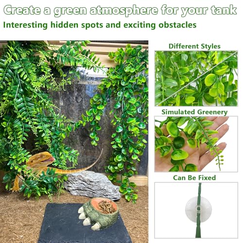 kathson Reptile Corner Branch & Hanging Plants Decor, Bearded Dragons Climbing Vine Branches,Tank Climb Branch with Terrarium Plant Accessories Ornament for Amphibians, Lizards, Snakes, Geckos, Frogs