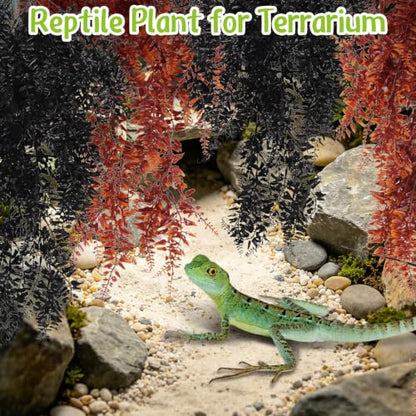 Hamiledyi Reptile Plants Hanging Terrarium Plants 4 Pack Fake Artificial Leaves with Suction Cup for Snake, Lizard, Chameleon (Red & Black) - color: 2 Pcs Black +2 Pcs Red Reptile Plants