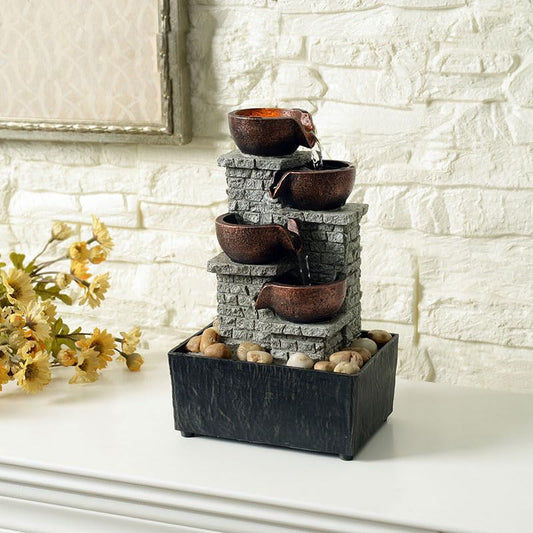 Kalona 4-Tier Indoor Waterfall Tabletop Fountain with LED Lights and Natural Rocks, Cascading Bowl Desk Fountain for Home and Office Decoration, Relaxing Water Feature (21132B) - color: 4-tier Cascading Bowl