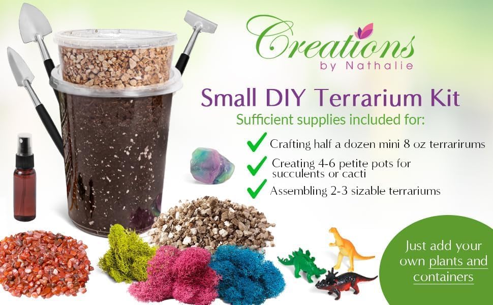 Creations by Nathalie DIY Terrarium Starter Kit - Small Terrarium Kit with Moss, Soil, Pebbles, Tools, Crystals & Figurines - Fun Gardening Craft Supplies for Adults & Teens - Handcrafted in USA
