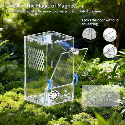 Jumping Spider Enclosure, Front-Opening Acrylic Spider Terrarium with Magnetic Door,Laser-Cut Biomimetic Ventilation System, Escape-Proof for Feeder Insects (4.3"x4.3"x7.8") - size: 4.3"x4.3"x7.8"