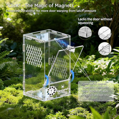 Jumping Spider Enclosure, Front-Opening Acrylic Spider Terrarium with Magnetic Door,Laser-Cut Biomimetic Ventilation System, Escape-Proof for Feeder Insects (4.3"x4.3"x7.8") - size: 4.3"x4.3"x7.8"
