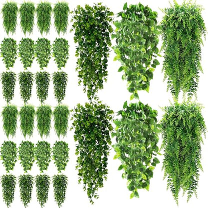 XunYee 28 Pcs Artificial Hanging Plants 32 Inch Plastic Fern Vine Fake Greenery Plant Faux Eucalyptus Vine for Wall Room Wedding Indoor Outdoor Decor, No Baskets(Boston Fern,Greenery, Eucalyptus) - style: Boston Fern,Greenery, Eucalyptus