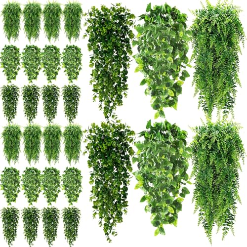 XunYee 28 Pcs Artificial Hanging Plants 32 Inch Plastic Fern Vine Fake Greenery Plant Faux Eucalyptus Vine for Wall Room Wedding Indoor Outdoor Decor, No Baskets(Boston Fern,Greenery, Eucalyptus) - style: Boston Fern,Greenery, Eucalyptus