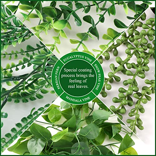 Jexine 8 Pcs Artificial Hanging Plants Potted Fake Plants Greenery Faux Eucalyptus Vine Mandala Vine String of Pearls Fern Plastic for Shelf Home Wall Living Room Office Indoor Outdoor Garden Decor