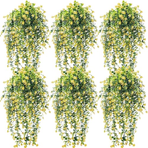 Hotop 6 Pcs Ferns Artificial Hanging Plants Vine Hanging Fake Plants Faux Ferns Indoor Outdoor Ivy Wall Decor Greenery Vine with Flower for Room Wedding Fall Decoration(Yellow) - color: Yellow