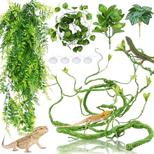 QUOZUO Bearded Dragon Tank Accessories for Habitat, Terrarium Hanging Plants Artificial Leaves Reptile Hide, Leopard Gecko Tank Accessories Hide Terrarium Decor for Lizard Geckos Chameleon Snake