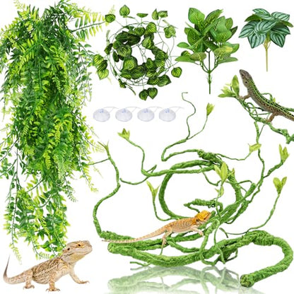 QUOZUO Bearded Dragon Tank Accessories for Habitat, Terrarium Hanging Plants Artificial Leaves Reptile Hide, Leopard Gecko Tank Accessories Hide Terrarium Decor for Lizard Geckos Chameleon Snake