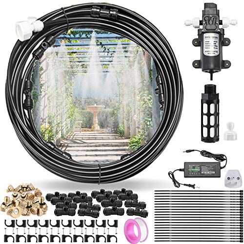 CozyCabin Outdoor Misting Cooling System with Pump - 40ft (12m) Misting Line with Filter + 6 Brass Mist Nozzles (3/4") for Patio Garden Greenhouse Watering Distribution System (12m (40ft)) - size: 40 ft