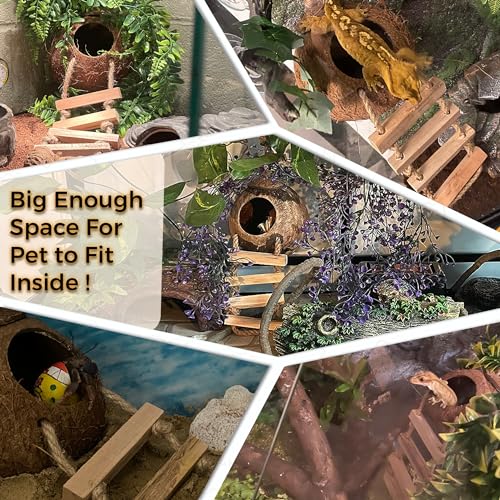 Hermit Crab, Hamster Coconut Cave Hide with Ladder, Reptile & Snake Natural Coco Shell Hut Hideout, Gerbils Mice Small Animals House Pet Cage Habitat Decor, with Sticky Wall Hook - style: Small