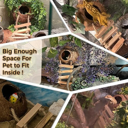 Hermit Crab, Hamster Coconut Cave Hide with Ladder, Reptile & Snake Natural Coco Shell Hut Hideout, Gerbils Mice Small Animals House Pet Cage Habitat Decor, with Sticky Wall Hook - style: Small