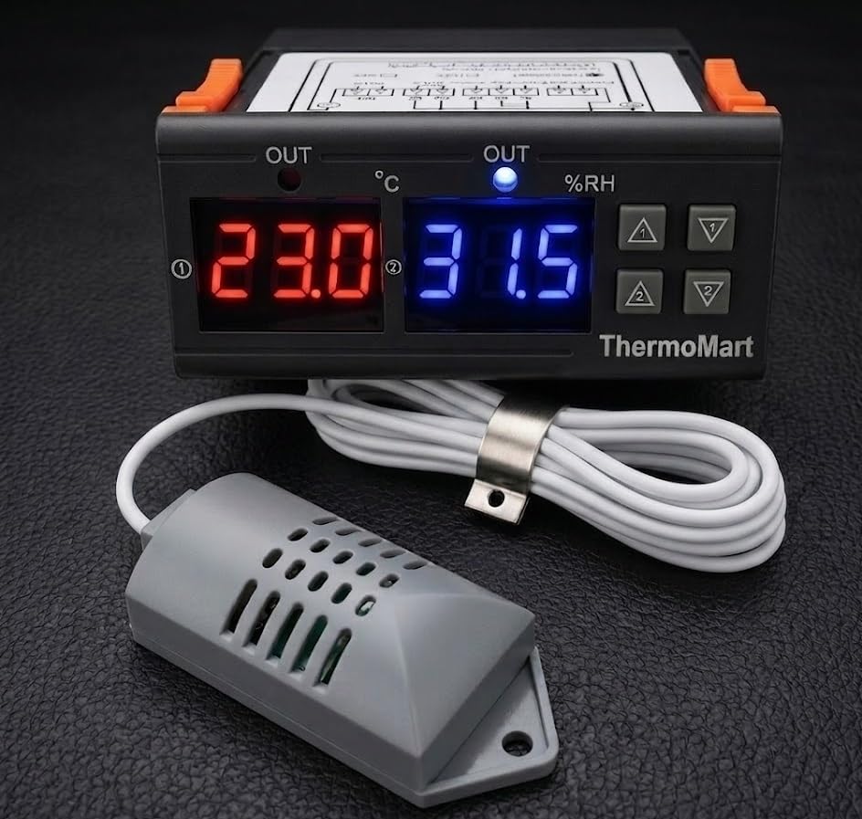 Humidity & Temperature Controller Control for Curing Chamber Pet Animal Drying Moisture Plant Hydroponic Grow Closet Hydro Cabinet Room Wetness Dampness Meter 2 Relay Output 10 Amp