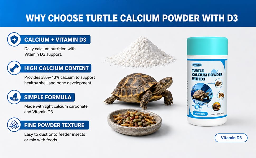 Turtle Calcium Powder with D3 – 80g – High Calcium + Vitamin D3 – Phosphorus-Free – Prevents MBD for Turtles – Dust on Food or Insects
