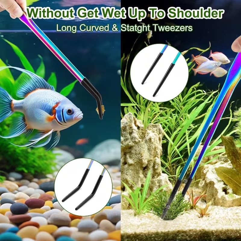 2PCS Long Aquarium Tweezers, 10.6 Inch Stainless Steel Straight & Curved Reptile Feeding Tongs with Soft Rubber Tips, Aquascape Tools for Fish Tank, Terrarium, Bearded Dragon, Lizard & Snake