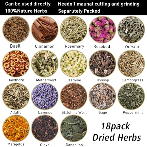 HNSHAG Witchcraft Supplies Herbs and Flowers Kit, Bigger Size 18pack Dried Herb for Witchy Beginners, Witchcraft Altar Supplies and Decor, Cinnamon Vervain Spiritual Herb for Witchy Gifts for Women - size: 30ml 18pack